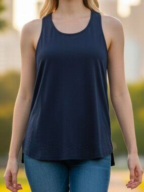 Sleeveless Navy Blue Racerback Tank Top With Laser-Cut Hem Detail Lightweight &